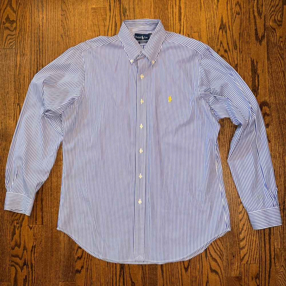 Ralph Lauren Classic Fit Striped Button Down Shirt 16 L Blue White Stripe